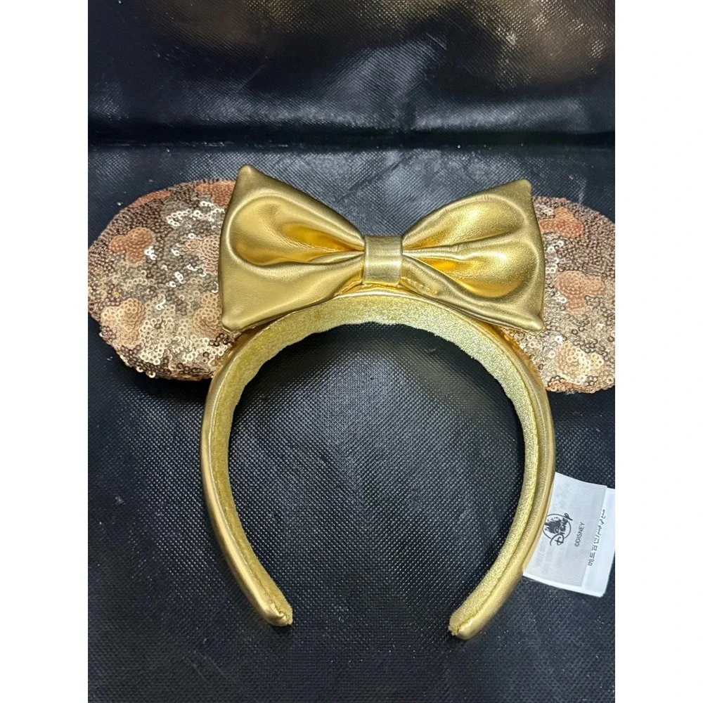 Disney Parks Minnie Mouse Ears Headband Rose Gold Sequin Gold Bow Hidden Mickey